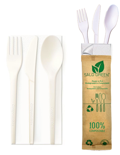 SALO GREEN - 50 Set di Posate Ristorante Biodegradabili e 100% Compostabili in PLA - Tris : Forchetta Coltello Cucchiaio e Tovagliolo - Box con 50 Set