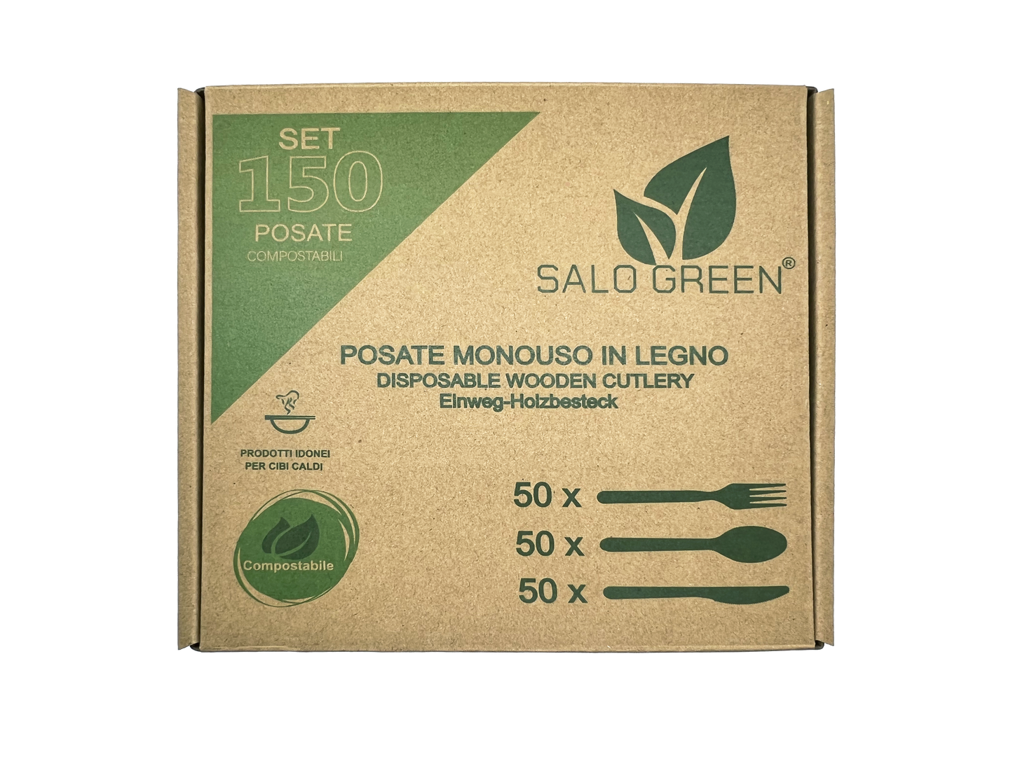 SALO GREEN - Set da 3000 Posate Biodegradabili e Compostabili in Legno Naturale - 1000 Forchette 1000 Coltelli 1000 Cucchiai - 3000 Pezzi SALO GREEN