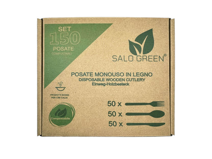 SALO GREEN - Set da 150 Posate Biodegradabili e Compostabili in Legno Naturale - Formato da 50 Forchette 50 Coltelli 50 Cucchiai - 150 Pezzi SALO GREEN